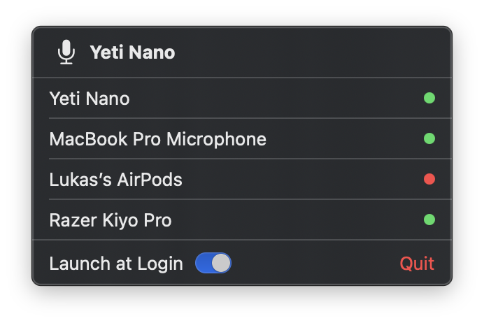 Mike menu bar popover showing microphone priority list